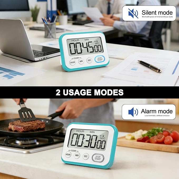 Digital Kitchen Timer Magnetic Loud Alarm, Large LCD Screen Silent/Beeping Multi-Function for Teachers Classroom Kids, Sky Blue