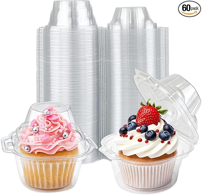 Dealusy 60 Pack Individual Cupcake Containers with Airtight Dome Lids, Clear Plastic Single Cupcake Boxes, Stackable Disposable Muffin Holders for Baking, Parties, Weddings & Picnics