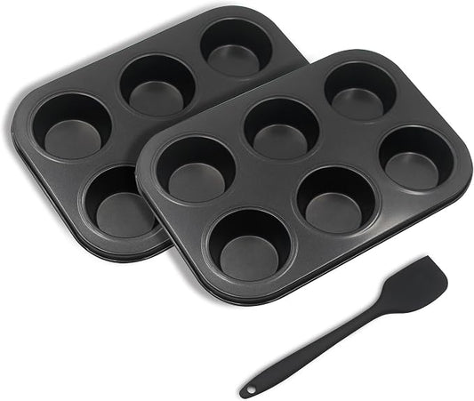 Non-Stick Muffin Pans, 6-Cup Standard Baking Pans Set of 2 with a Scraper for Perfect Muffins & Cupcakes