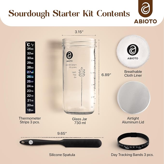 ABIOTO Sourdough Starter Kit, Includes 24 oz Sourdough Starter Jar with Metallic Lid, Silicone Spatula, Feeding Tracker, Extra Thermometer Strips & Breathable Covers - Sourdough Bread Starter Kit