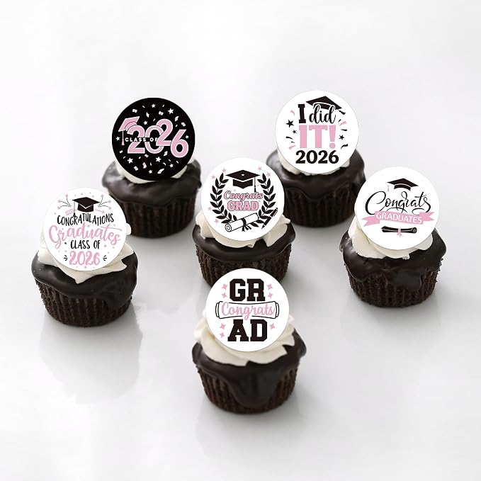 63 PCS Edible 2026 Graduation Cupcake Toppers Diploma Congrats 2026 Grad Cap Class of 2026 Cupcake Picks for Congratulations 2026 Graduations Theme Party Cake Decorations Supplies Pink
