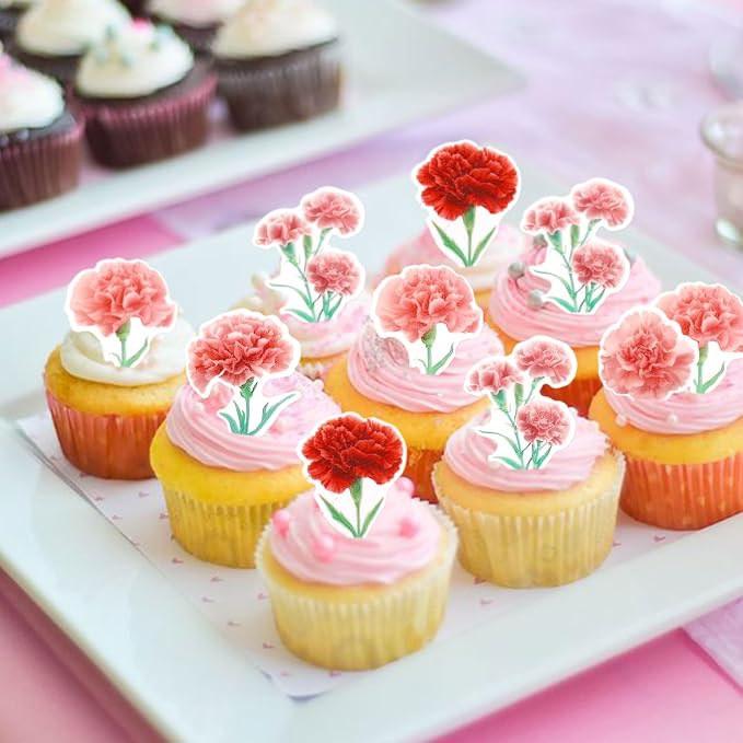 50Pcs Edible Carnation Cupcake Toppers Edible Pink Red Carnations Flower Cupcake Picks for Floral Women Birthday Cupcake Picks Anniversary Party Decorations Floral Mother's Day Cupcake Decorations