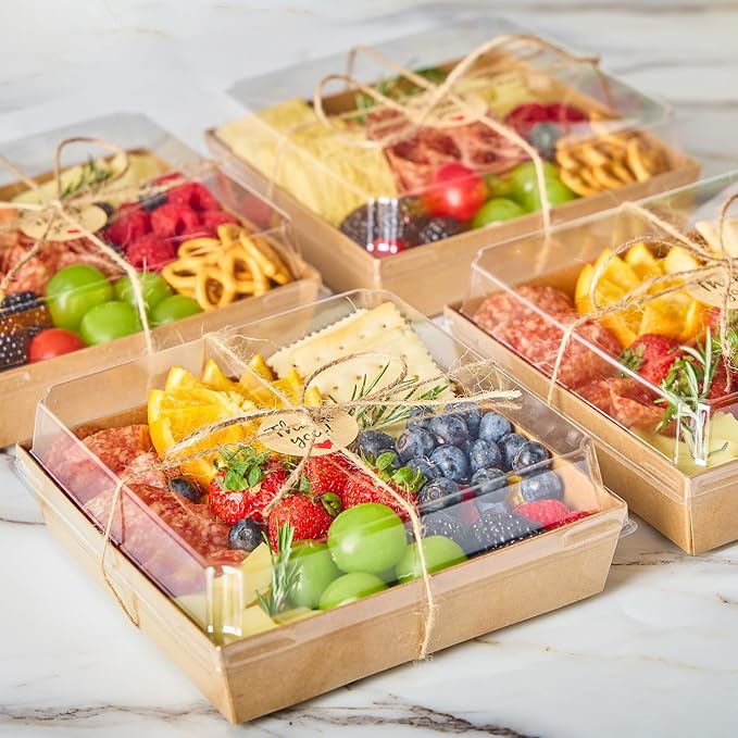 ZORRITA Large Charcuterie Boxes with Clear Lids, 7x7 Inch, 40 Pack, Brown | Disposable, Square, Kraft Paper, To Go Food Containers, Bakery Boxes, For Charcuterie Desserts Strawberries Cookies