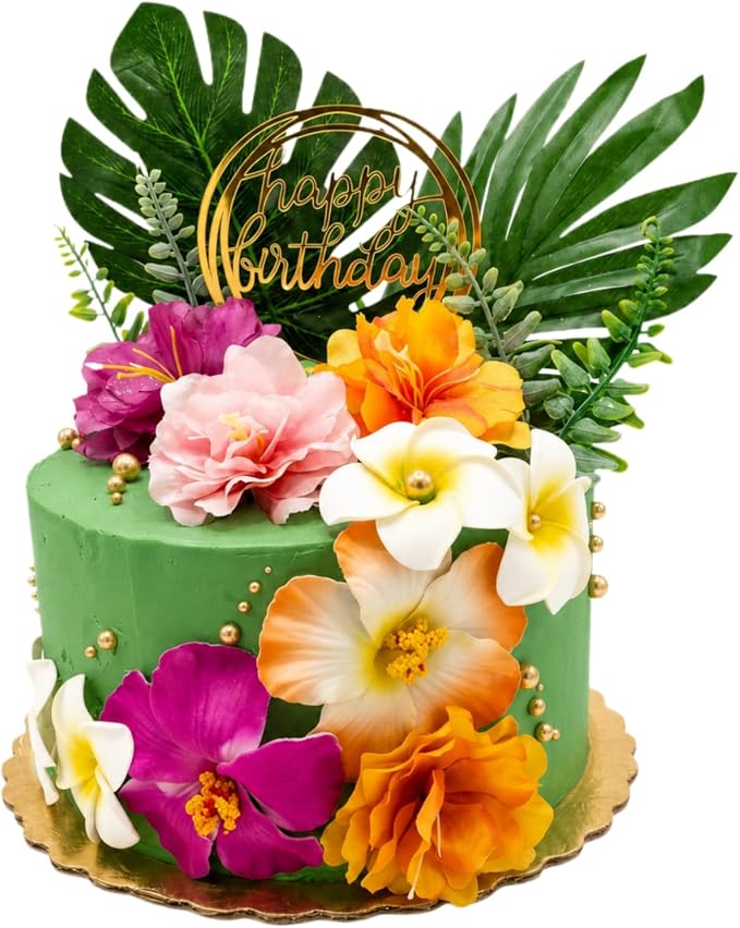 18Pcs Hawaiian Flowers Cake Decorations, Tropical Luau Cake Toppers with Hibiscus and Palm Leaves, Summer Cupcake Toppers, Non-Edible Aloha Beach Party Supplies for Birthday Celebration