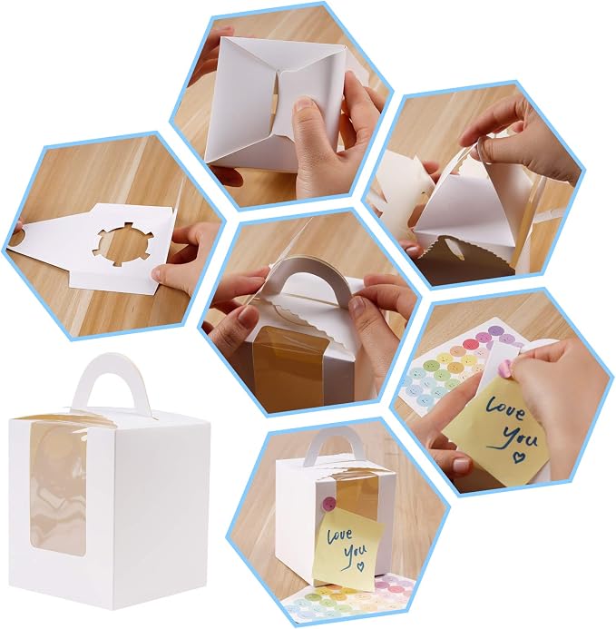 KEYIDO 30 Pcs Individual Cupcake Boxes White Single Cupcake Boxes 1 Hole Cake Box with Clear Window Inserts and 2 Sheets of Stickers for Wedding Birthday Party Favors