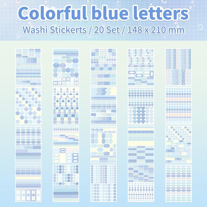 Blue Colorful Label Sticker Scrapbooking Supplies for Junk Journal, 20 Sheets Stickers - Ephemera Stickers Book(TZ-012-003)
