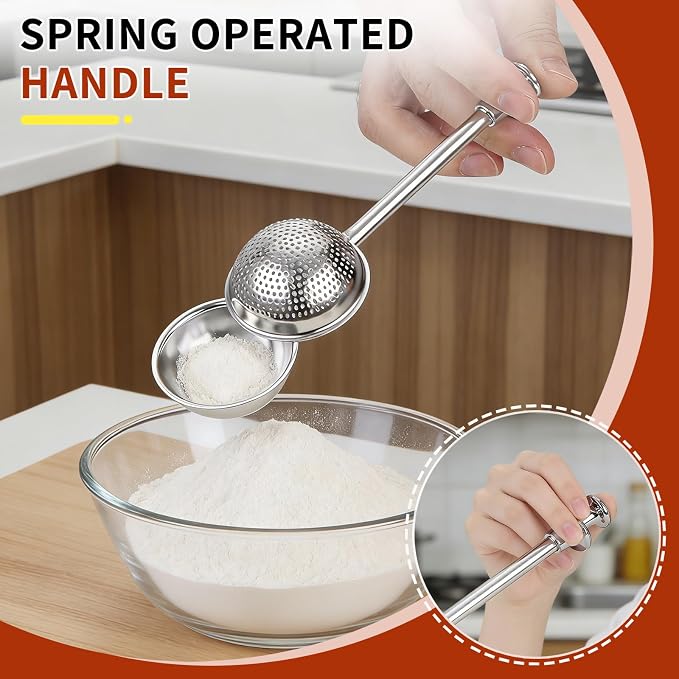 Sourdough Flour Duster for Baking, Powdered Sugar Duster, One-Handed Operation Flour Dusting Wand, 304 Stainless Steel with Spring-Operated Handle, Easy to Use, Perfect for Sourdough Bread