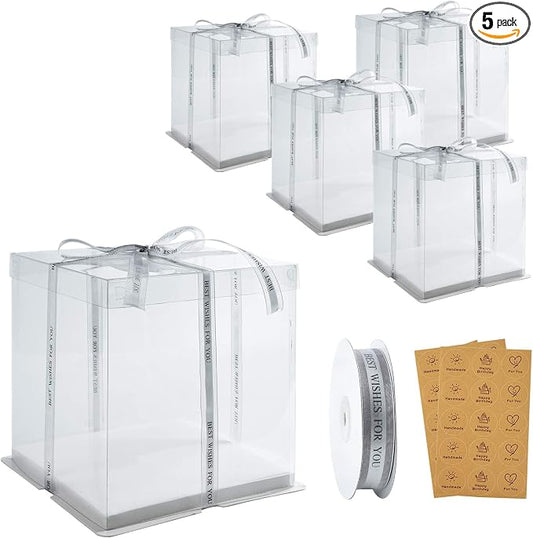 BURLIHOME 5 Pack Clear Cake Boxes 10x10x12 Inches, Tall Cake Boxes for Tier Cakes, Clear Gift Box for Wedding, Party, Birthday