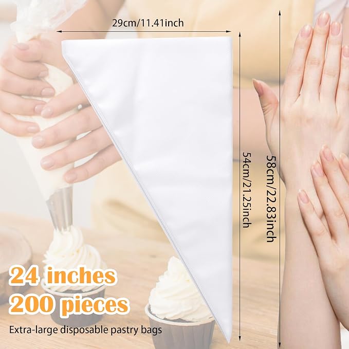 200 Pcs Piping Bags Extra Large 24 Inch Disposable Icing Bags Clear Anti Burst Pastry Bags, Thickened Non-Slip Icing Piping Bags for Frosting, Ideal for Desserts Cakes Cookie Decoration