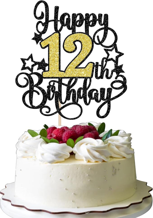 1 PCS Happy 12th Birthday Cake Topper Black Gold Glitter Cheers to 12 Years Birthday Cake Pick Hello 12 Fabulous Cake Decoration for Happy 12th Birthday Anniversary Party Decorations Supplies