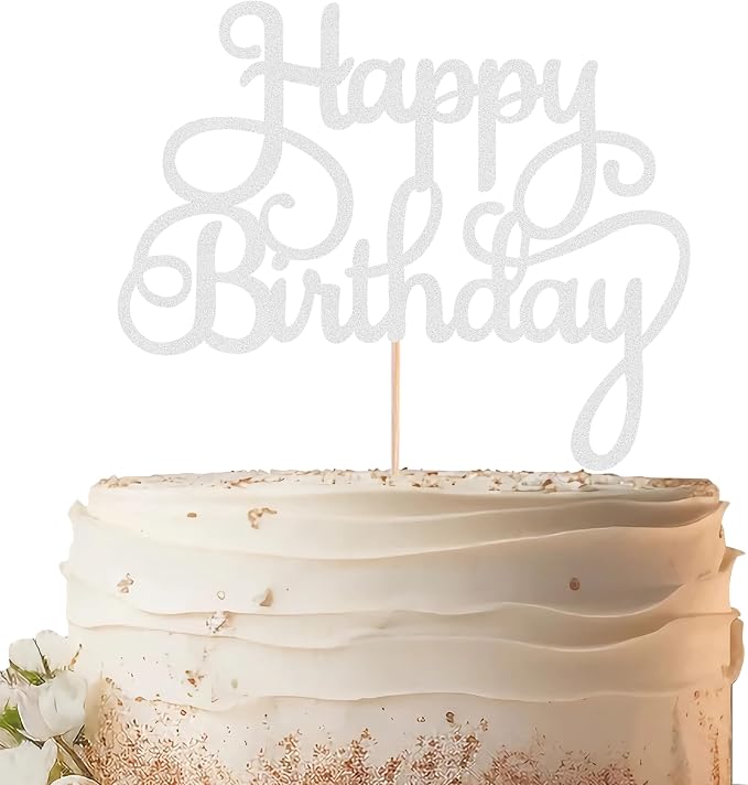 Happy Birthday Cake Topper - Silver Glitter Birthday Party Cake Decoration Supplies, Photo Booth Props