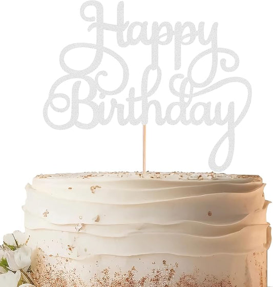 Happy Birthday Cake Topper - Silver Glitter Birthday Party Cake Decoration Supplies, Photo Booth Props