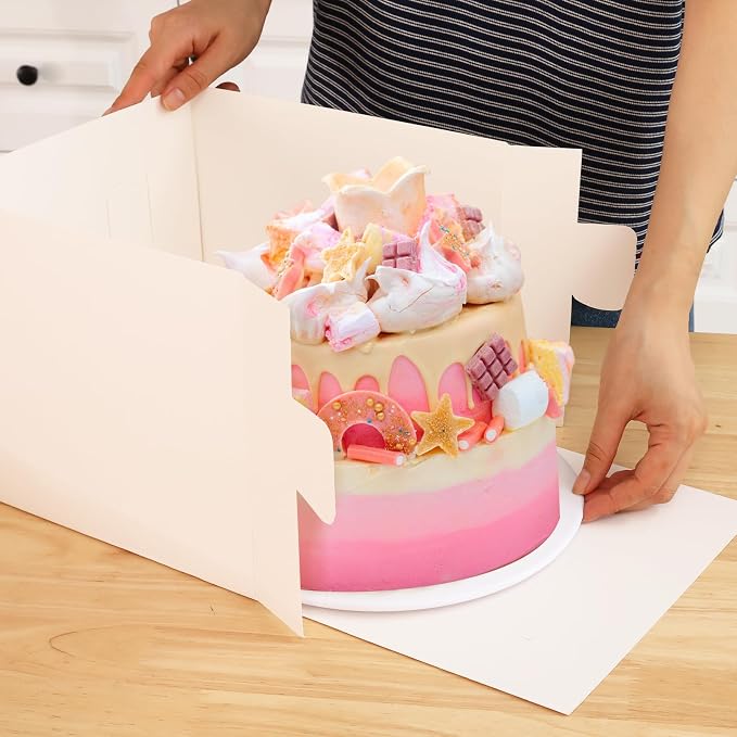 Moretoes 12pcs Cake Boxes, 10x10x8 Inches Tall Cake Carriers with Window, Square Bakery Box with Lids for Donuts, Pies, Cookies, Wedding, Birthday (White)