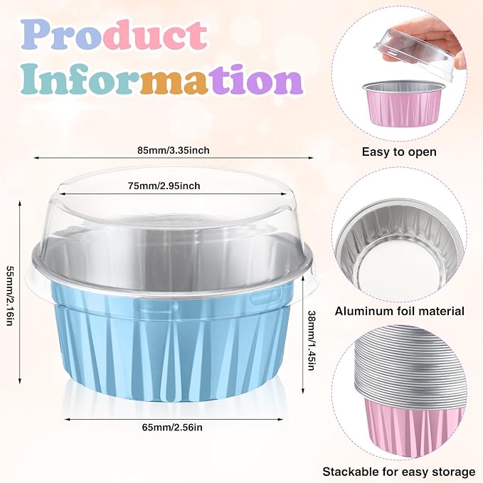 200 Pack Aluminum Foil Cupcake Liners with Lids, 5 oz Round Baking Cup, Disposable Ramekin Container for Graduation Wedding Independence Day Party(Macaron Color,Plain)