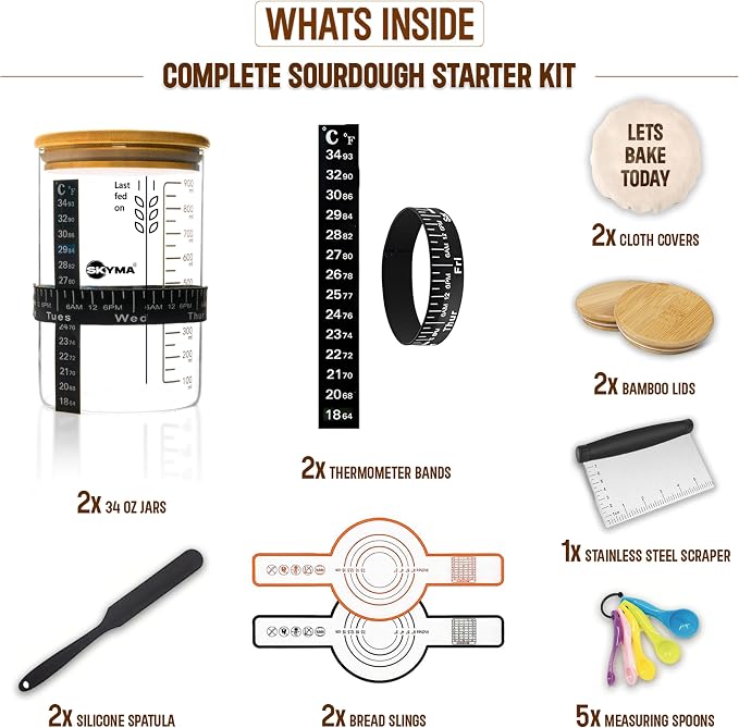 Sourdough Starter Kit - 2 Pack 34 oz, Sturdy Sourdough Starter Jar with 2 Bread Slings, Spatula Set, 5x Measuring Spoons, Dough Scraper & More Sourdough Bread Baking Supplies - Sour Dough Starter Jar