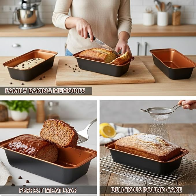 3-Pack 9x4 Inch Nonstick Loaf Pans, Carbon Steel Bread Pans for Baking Banana Bread & Sourdough, Even Heating, Easy Release, Oven Safe to 450°F, PFOA Free