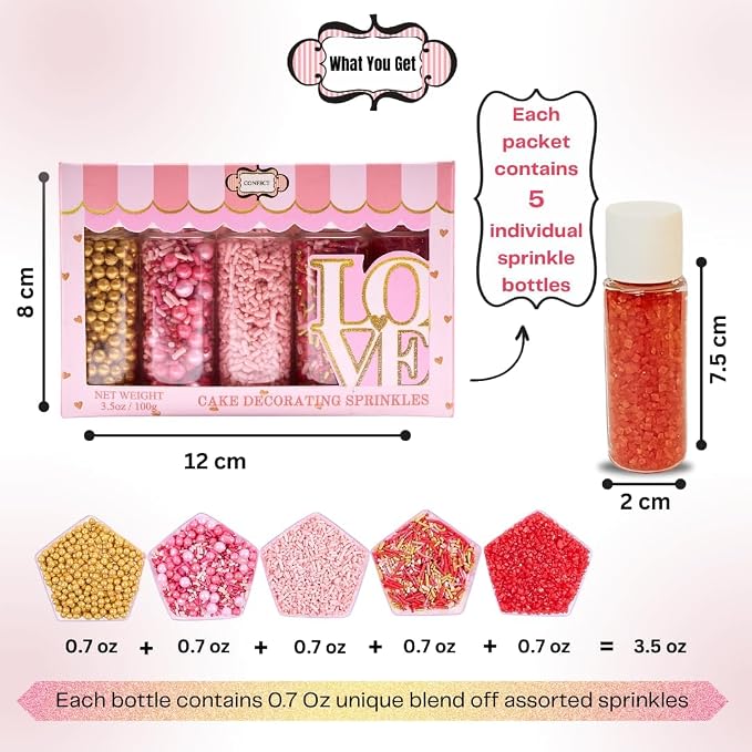 Confect Princess Dream Sprinkles – 5 Pack Assorted Cake Decorating Mix (Teal Jimmies, Pink, Red, Gold & White Pearl Dragees, Deep Red Sparkling Sugar) – Elegant Toppings for Cakes, Cupcakes, Cookies – Vegan, Gluten-Free, Nut-Free, Soy-Free, Dairy-Free,...