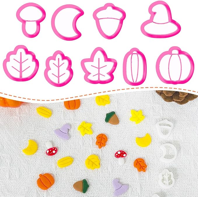 Xaekicr 9PCS Fall Theme Polymer Clay Cutters for Earrings – Autumn Leaves, Pumpkin, Acorn, Witch Hat Clay Cutters – Polymer Clay Molds & Tools for Jewelry Making