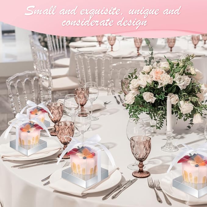 Thenshop 50 Pcs Clear Cupcake Boxes Individual 3.5 Inch Plastic Single Cupcake Containers Boxes with Inserts and Ribbon Individual Cake Storage Holders for Cake Kitchen(Silver)