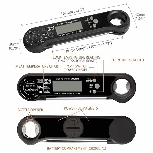 Digital Meat Thermometer, IP67 Waterproof Instant Read for Kitchen BBQ Grill