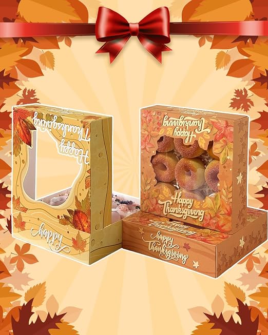 Bakepacker Fall Thanksgiving Treat Boxes with Window Cookie Boxes 30pcs Leaves Pie Boxes 9x9x2.5 inches Easy Assemble Macaroon Bakery Boxes for Party Supplies (Auto-pop Up)