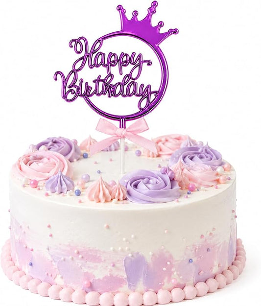 Purple Acrylic Happy Birthday Cake Topper with Crown and Bow | Glossy Pueple acrylic script with crown and bow adds an elegant finishing touch to birthday cakes and celebration desserts.