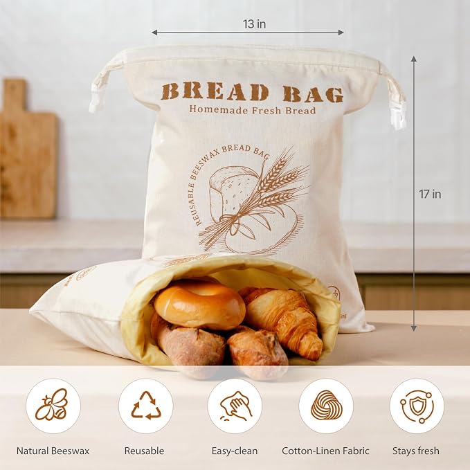 Beeswax Bread Bag, 2 Pack Sourdough Bread Bags for Homemade Bread, 17x13 Inches Bees Wax Wraps Reusable With Freshness Lock Zipper, Keep Bread Fresh for Longer（Caramel loaf-2 Pack）