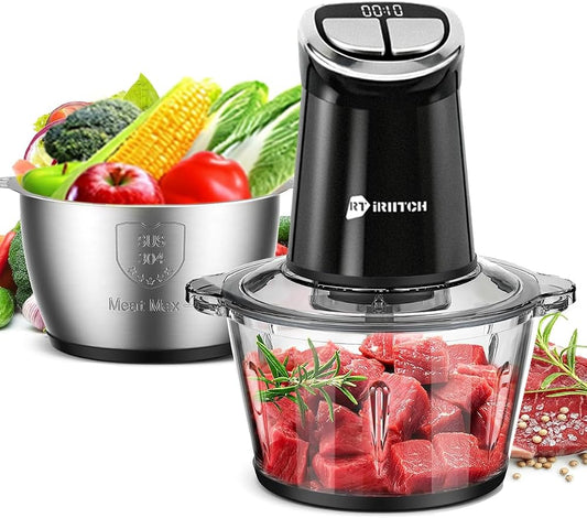 IRIITCH Food Processor with LED Timer, 800W Electric Chopper with 2 Bowls (12-cups Glass Bowl+12 cups Stainless Steel Bowl), 2 Set 6 Bi-Level S-Blades, Meat Grinder for Nuts, Onion, Garlic, Baby Food