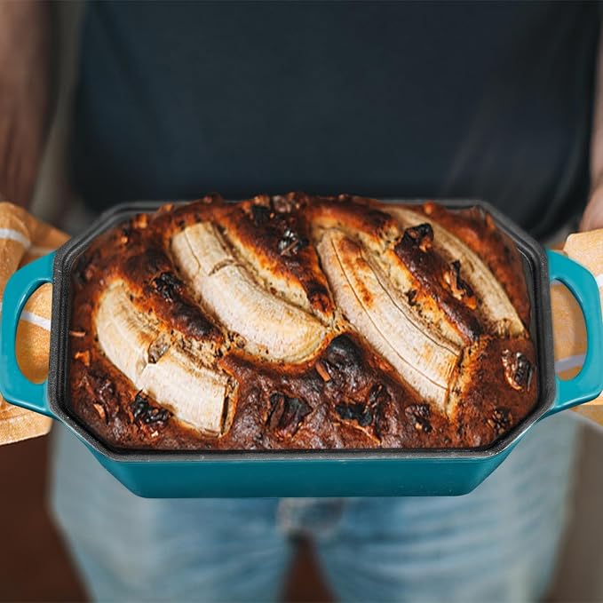 Flavehc Bread Pan Cast Iron Loaf Pan with Lid Bread Loaf Pan 8.5x4.5 Inch Loaf Pan Enameled Cast Iron Sourdough Loaf Pan, DarkCyan