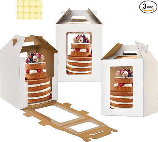 XININSUN 3Pack Tall Cake Boxes for Tier Cakes with 4 windows 10x10x12Inch cake transport container,Bakery Take Out Transport Containers Tall Cake Carrier with Handle for Wedding, Birthday, Party