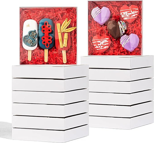 25PCS 6" x 6" x 1 ¼" Clear White Cookie Boxes with Full Window, Bakery Macaron Boxes Ores Boxes Cakesicle Boxes Chocolate Bomb Boxes
