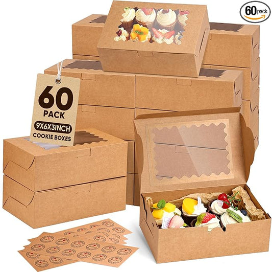 60pcs Cookie Boxes with Window for Gift Giving, 9x6x3 Inches Brown Bakery Boxes with Stickers, Holiday Packaging Gift Boxes for Cookie, Desserts, Chocolate Strawberries, Muffins, Donut, Cupcake