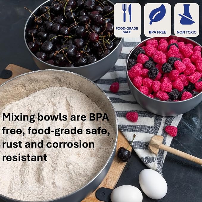 WHYSKO® Stainless Steel Mixing Bowls (Set of 3) with Non-Slip Silicone Base for Kitchen, Dishwasher Safe Bowls for Meal Prep, Cooking, Baking, Serving, Food Storage (Grey)