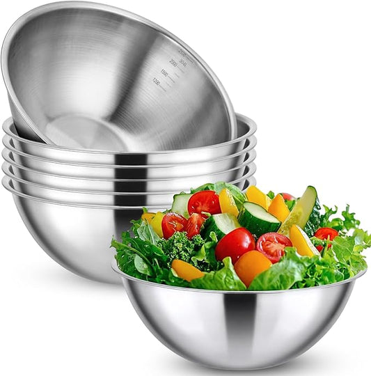 Honeydak 6 Pcs 304 Stainless Steel Mixing Bowls with Graduations, Salad Bowls Metal Serving Reusable Baking Food Storage Containers for Baking Cooking Salads Soups Ice Cream Noodles (84 oz)