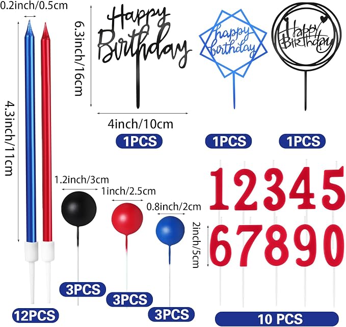 Yerliker 34 Pcs Happy Birthday Cake Toppers Decorations Birthday Candles DIY Cake Decor for Men Women Wedding Anniversary(Blue Red Black)
