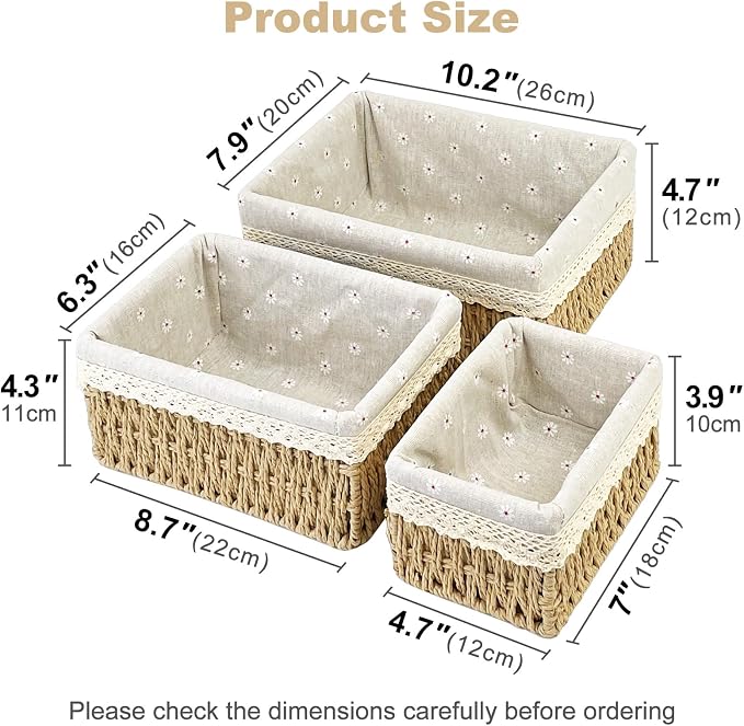 Wicker Storage Baskets 3-Pack Set, Hand-Woven Paper Rope Rattan Bins with Removable Liner, Multi-Size Organizer Baskets for Pantry, Countertop, Bedroom, Bathroom, Shelves (Beige, L+M+S)