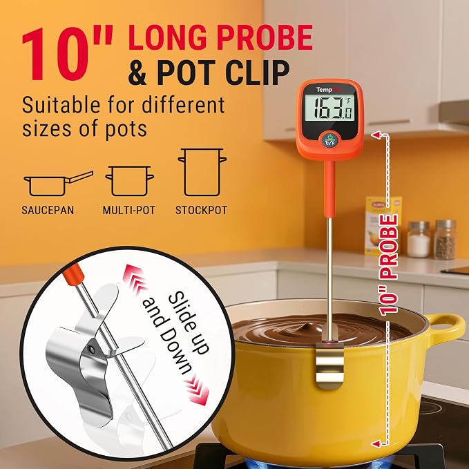 TempPro TP509 Candy Thermometer with Pot Clip, 10" Long Probe Instant Read Meat Food Thermometer with LCD, Cooking Oil Deep Frying Thermometer for Brewing Fathers Day Gift (Previously ThermoPro)