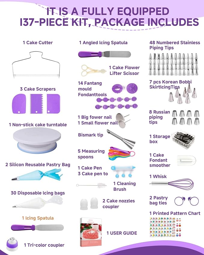 Cake Decorating Supplies Kit for Beginners, Set of 137 | Revolving Cake Turntable, 2 Spatulas, 3 Icing Comb Scraper, Leveler, Piping Bags and Tips Set, 64 Piping Tips with Book