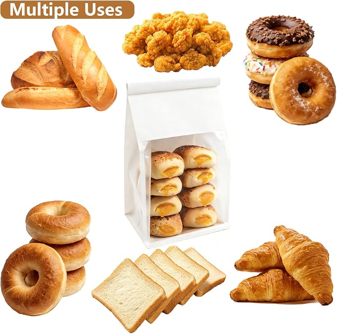 50 PCS White Bread Bags for Homemade Breads, 11x5.1x3.9 Inch Resealable Cookie Bags with Tin Tie Tab Lock, Paper Bakery Bag with Window for Packaging Bagels, Scone, Brownie, Baked Goods Storage