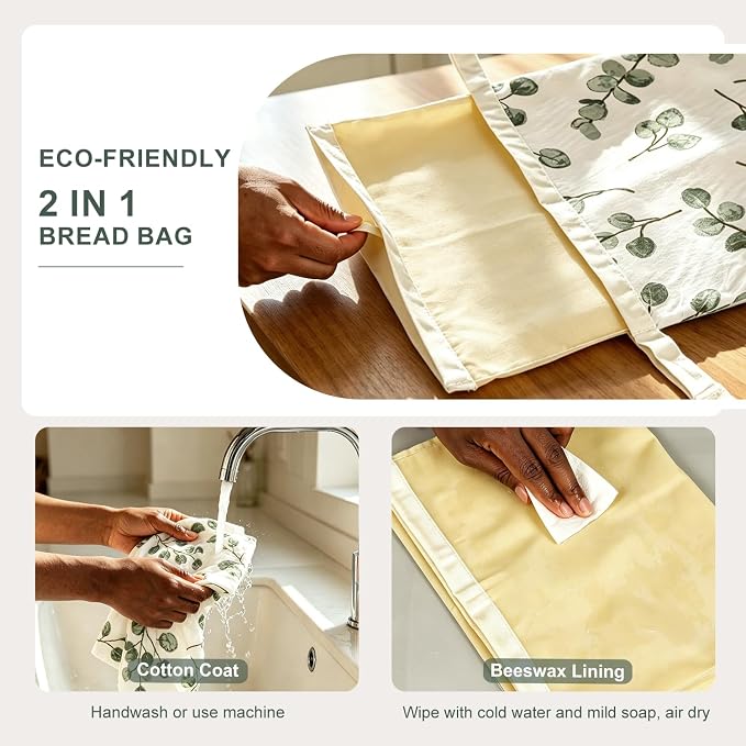 Beeswax Bread Bags 2 Pack Reusable Sourdough for Homemade, Large Washable Cotton Linen Food Storage with Removable Wax Liner, Plastic Free 17x13 Inch (Green Leaf)