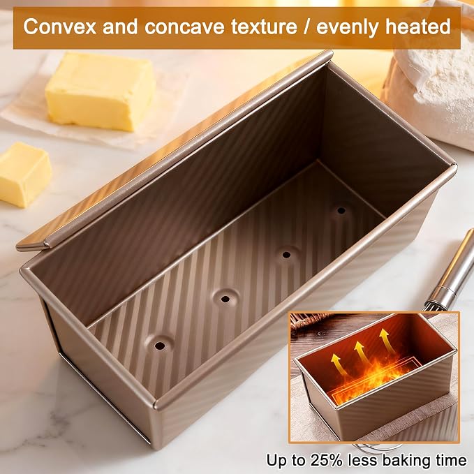 pullman loaf pan with lid - Rectangle bread pans for homemade bread - 2.2Lb Non-Stick loaf baking pans - Carbon Steel Toast Box with Oven Mitts