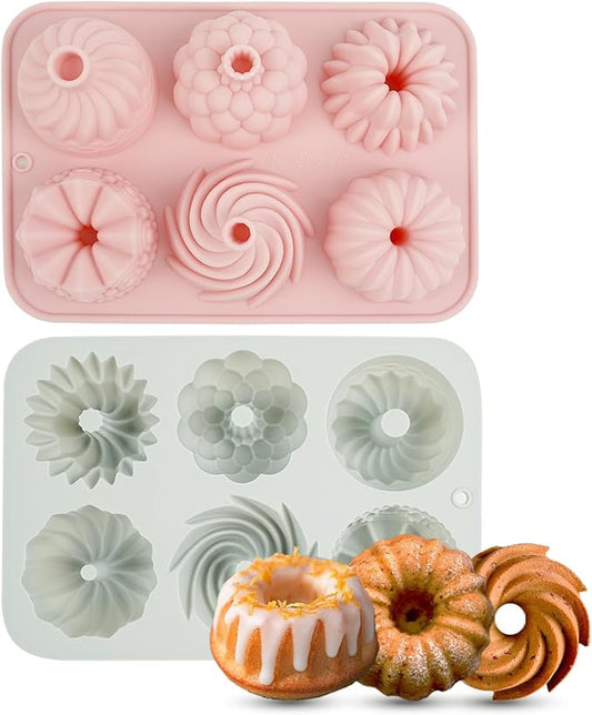 2Pcs Mini Cake Pans for Baking, 6-Cavity Fluted Tube Cake Pan Non-Stick, Silicone Molds for Baking, Cake Pan for Cupcakes, Donuts, Cornbread, Brownies, Jellies