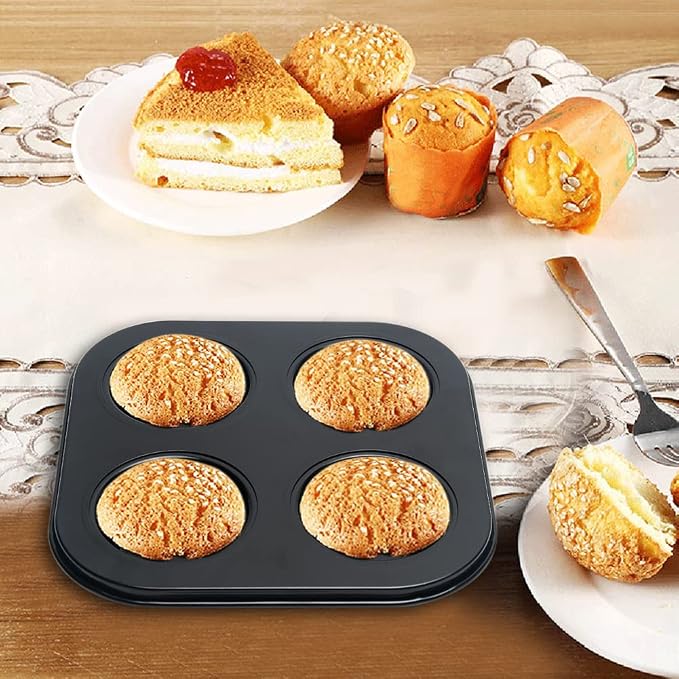 4-Hole Muffin Pan, Bakeware Non-stick Cupcake Baking Pan Mini Pie Pans, Heavy Duty Carbon Steel Muffin Tray Standard Baking Mold Pan for Oven Bakings (COLOR:Black, 1pc)