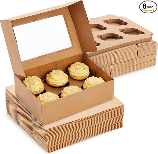 Juvale Cupcake Boxes - Clear Window Display - Easy Assembly for Muffin Packaging - Food Grade Cupcake Containers - Pack of 24, 6-Count, Brown Paperboard, 9.4 x 6.2 x 2.9 in