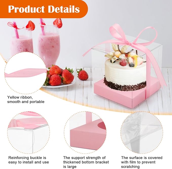 12 Pack Clear Plastic Cupcake Boxes, 3.5 Inch Gold Single Cupcake Containers Disposable Individual Cup Cake Carrier Holder Boxes with Inserts and Ribbon (Pink)