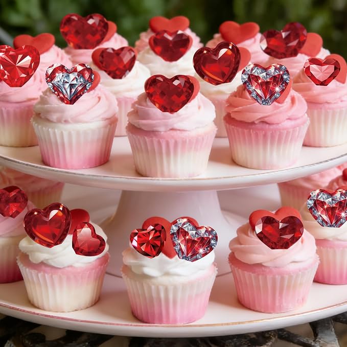 56PCS Edible Crystal Heart Cupcake Toppers Wafer Paper Red Diamond Heart Cupcake Picks Be Mine Cake Decor for Valentine's Day Theme Engagement Party Decoration Supplies