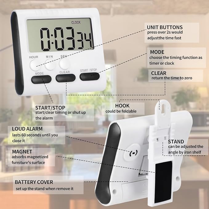 Mudder 12 Pack Digital Kitchen Timer for Cooking, Large Digits, 24 Hour Magnetic Backing Stand Kitchen Timers Clock for Classroom Kids Teachers, Loud Alarm and Large Screen (Black)