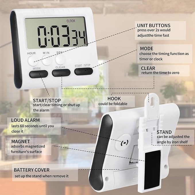 Mudder 6 Pack Digital Kitchen Timer for Cooking, Large Digits, 24 Hour Magnetic Backing Stand Kitchen Timers Clock for Classroom Kids Teachers, Loud Alarm and Large Screen (Black)