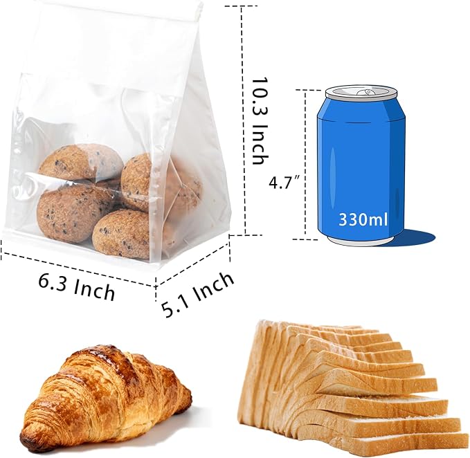 50 Pcs Bread Bags for Homemade Breads, 6.3 x 5.1 x 10.3 Inch Medium White Bakery Bags with Tin Tie, Cotton Paper Loaf Bag, Storage Packing Bag with Clear Window