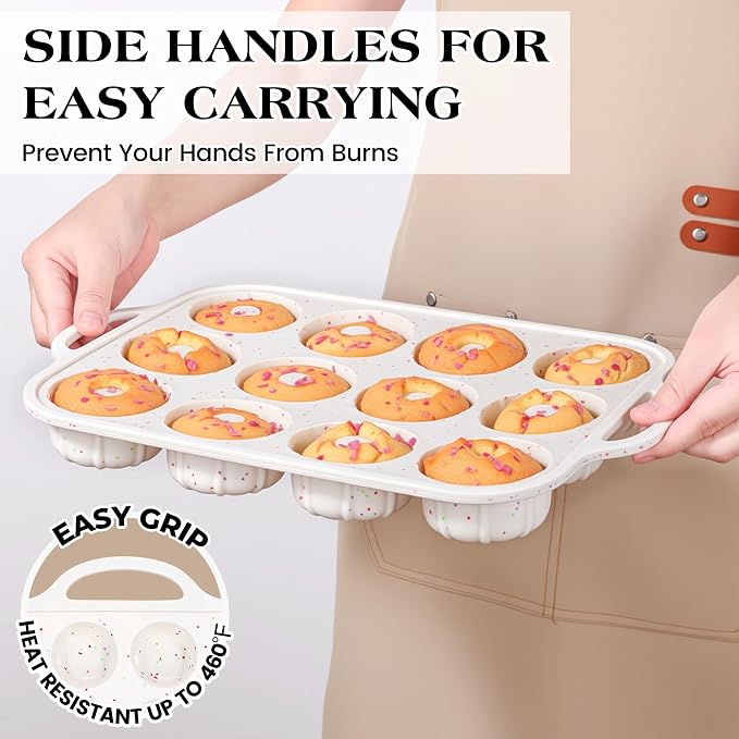 3 Inch Silicone Mini Fluted Tube Cake Pans with Metal Reinforced Frame, 12-Cavity Mini Flan Molds, Non-stick Silicone Baking Mold (2 Pc)